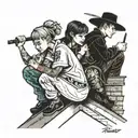 four people crouching on a roof tattoo design idea