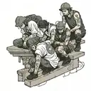 four people crouching on a roof tattoo design idea