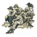 four people crouching on a roof tattoo design idea