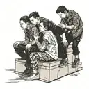 four people crouching on a roof tattoo design idea