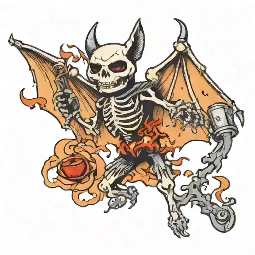 flying skeleton bat carrying a molotov cocktail tattoo design idea