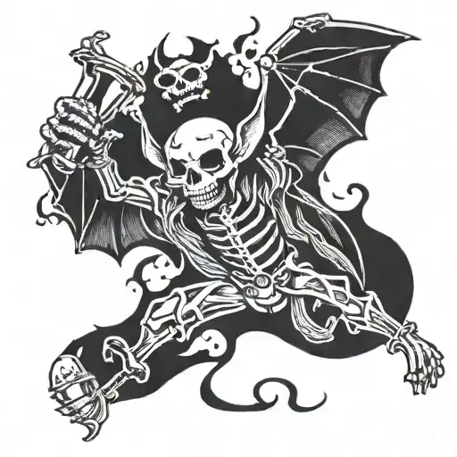 american traditional flying skeleton bat carrying a molotov cocktail  tattoo design idea