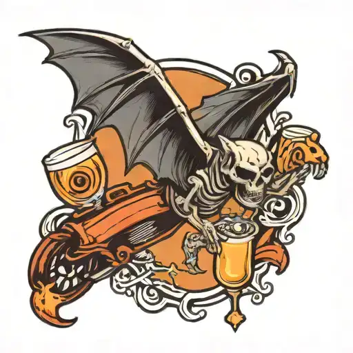 american traditional flying skeleton bat carrying a molotov cocktail  tattoo design idea