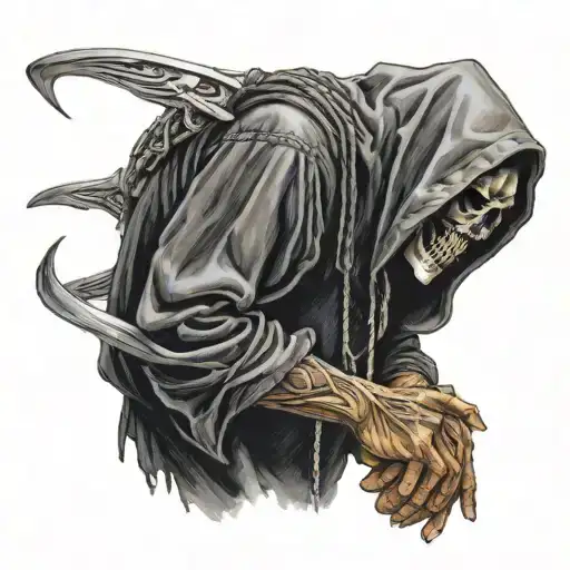 the reaper praying hands, faced to the side wearing a black Nike hoodie tattoo design idea