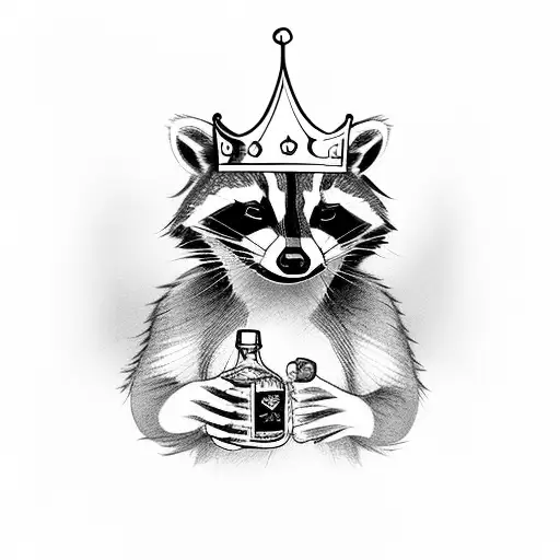 raccoon with a crown holding a bottle of whiskey on a mobility scooter tattoo design idea