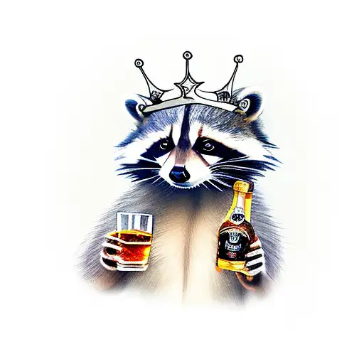 raccoon with a crown holding a bottle of whiskey on a mobility scooter tattoo design idea