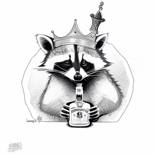 raccoon with a crown holding a bottle of whiskey on a mobility scooter tattoo design idea