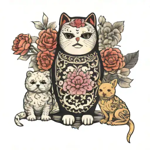 russian doll standing in between two Maltese dog tattoo design idea