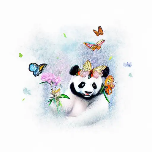 panda with a butterfly on its nose tattoo design idea