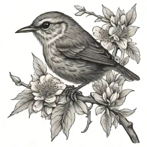 Wren perched on a flowering branch tattoo design idea
