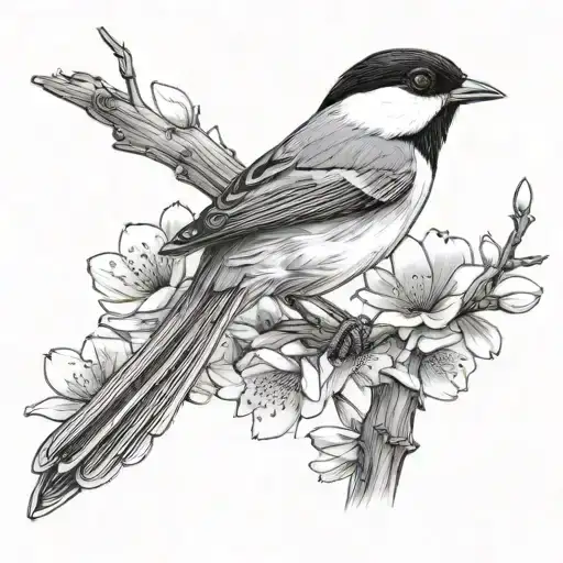 chickadee perched on a cherry blossom branch and a finch landing on a branch tattoo design idea