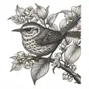 Wren perched on a flowering branch tattoo design idea