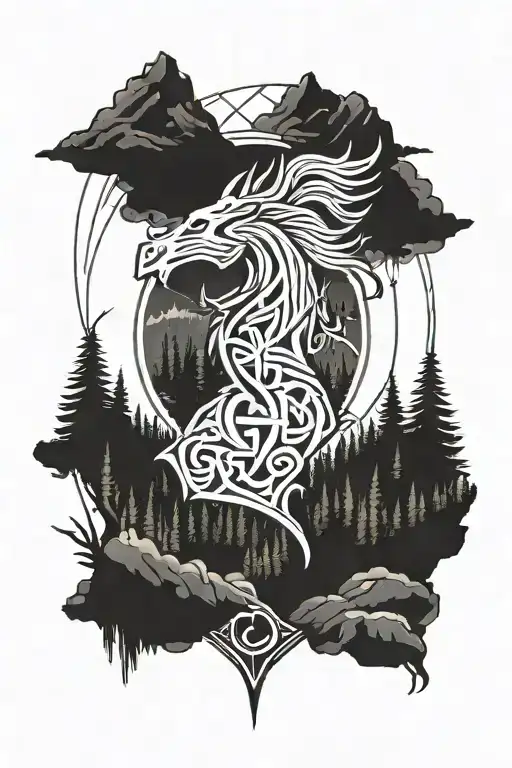 A Denver Broncos logo intertwined with Viking runes, surrounded by a forest landscape tattoo design idea
