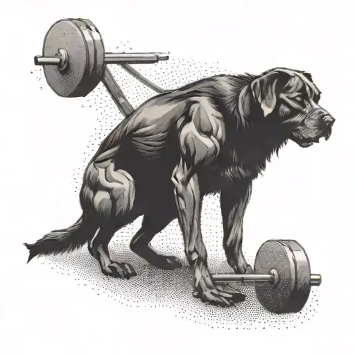 A muscular figure lifting weights with a silhouette of a dog in the background, symbolizing the client's dedication to fitness and love for dogs tattoo design idea
