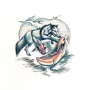 horse eating a wolf eating a salmon tattoo design idea