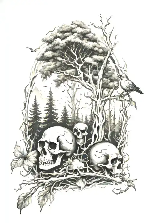 spooky forest with fire and skulls with birds   tattoo design idea