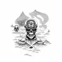 A businessman holding a treasure map with a skull and crossbones marking the spot, with the northern lights in the sky tattoo design idea