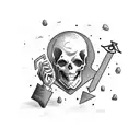 A businessman holding a treasure map with a skull and crossbones marking the spot, with the northern lights in the sky tattoo design idea