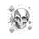 A businessman holding a treasure map with a skull and crossbones marking the spot, with the northern lights in the sky tattoo design idea