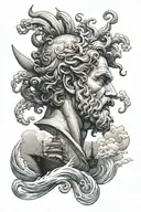 neptune statue head, ship sailing through storm below tattoo design idea
