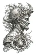 neptune statue head, ship sailing through storm below tattoo design idea