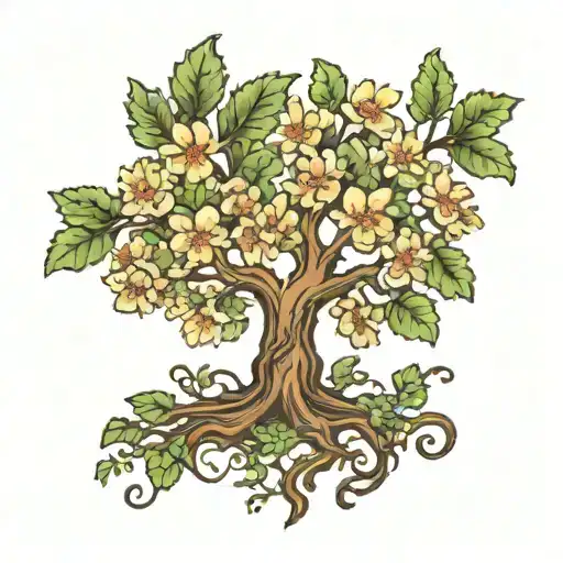 oak tree with blooming flowers, vines tattoo design idea