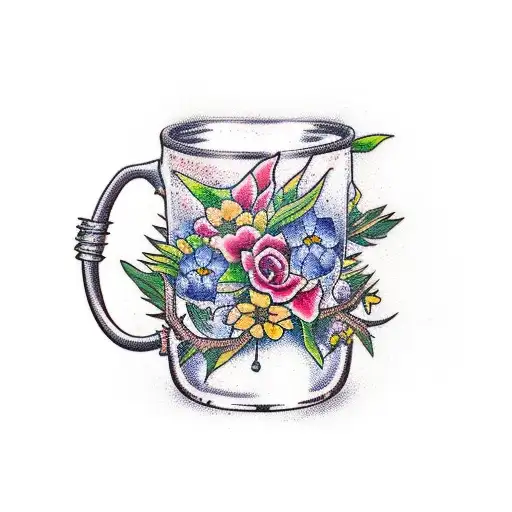 A majestic beer mug surrounded by lush nature elements like trees and flowers tattoo design idea