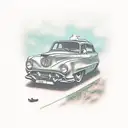 A vintage car cruising through an Irish countryside with a cat as the driver tattoo design idea