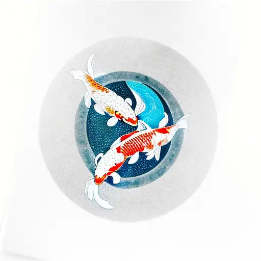 2 koi fish in circle in a river. rose petals in water. reflection of moon in the middle of the koi fish tattoo design idea