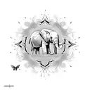 marigold mirror effect , elephant, stars, clouds, butterflies  tattoo design idea