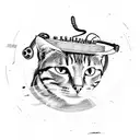 A sketch-style tattoo of a cat DJ scratching vinyl records, with musical waves emanating from the turntable tattoo design idea