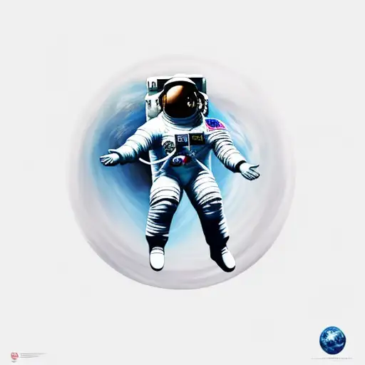 a detailed astronaut floating against a white background, arms and legs splayed with tether has just broken tattoo design idea