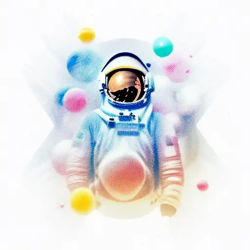 a detailed astronaut floating against a white background, arms and legs splayed with tether has just broken tattoo design idea