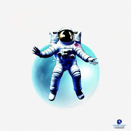 a detailed astronaut floating against a white background, arms and legs splayed with tether has just broken tattoo design idea