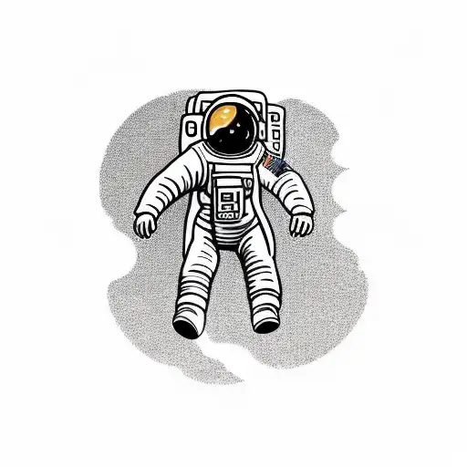a detailed astronaut floating against a white background, arms and legs splayed with tether has just broken tattoo design idea