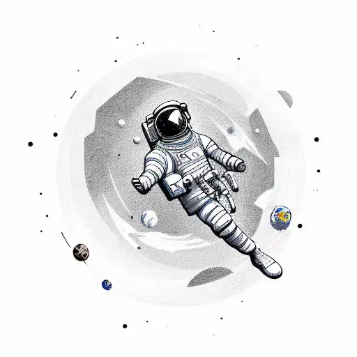 an astronaut with arms and legs splayed  that has just been cut from the spaceship floating alone in space tattoo design idea