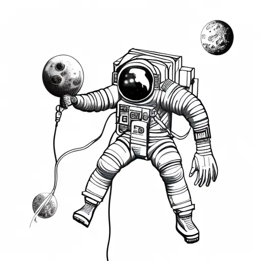 an astronaut floating against a white background, arms and legs splayed with tether has just broken tattoo design idea