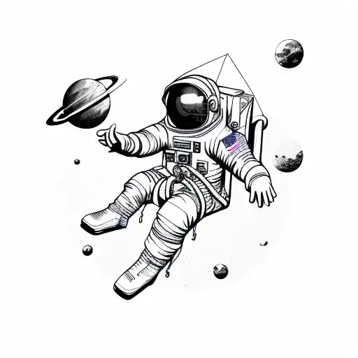 an astronaut floating against a white background, arms and legs splayed with tether has just broken tattoo design idea
