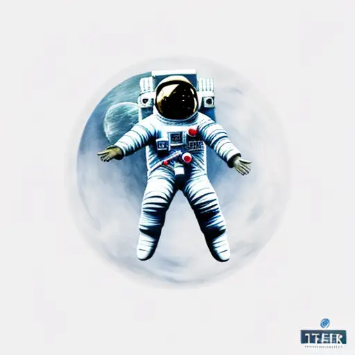 a detailed astronaut floating against a white background, arms and legs splayed with tether has just broken tattoo design idea