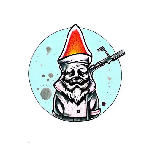psychopathic garden gnome holding knife and gun tattoo design idea