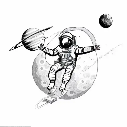 an astronaut floating against a white background, arms and legs splayed with tether has just broken tattoo design idea