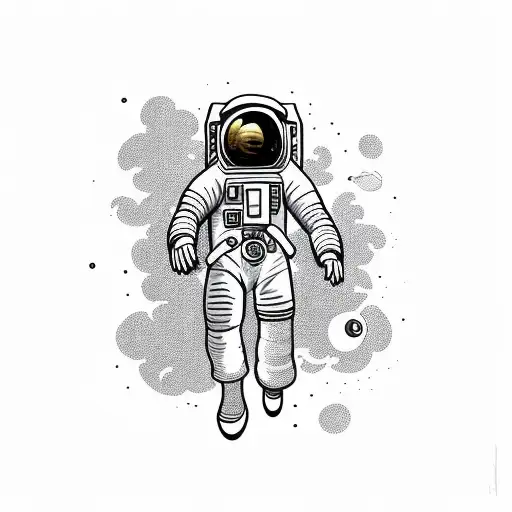 a detailed astronaut floating against a white background, arms and legs splayed with tether has just broken tattoo design idea