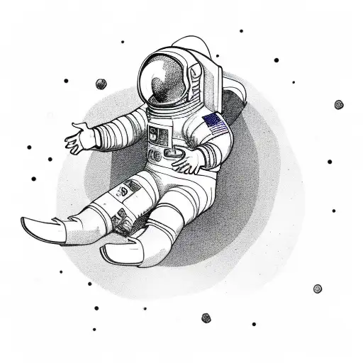 a detailed astronaut floating against a white background, arms and legs splayed with tether has just broken tattoo design idea