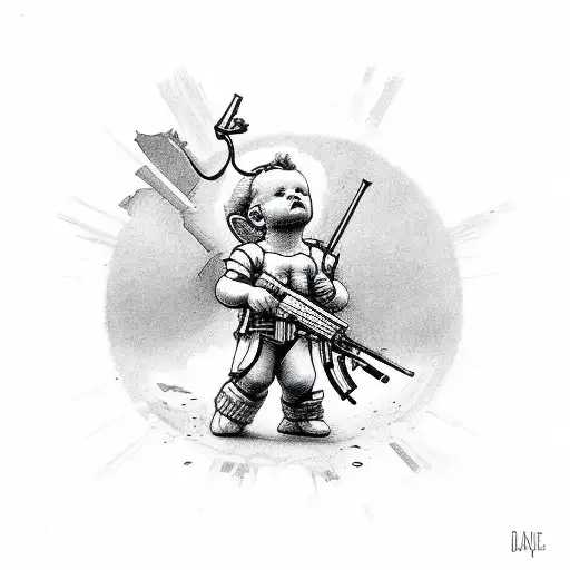 baby cupid with an AK-47 tattoo design idea