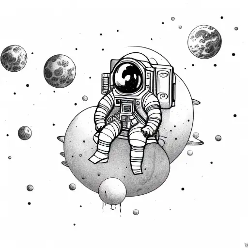 an astronaut floating against a white background, arms and legs splayed with tether has just broken tattoo design idea