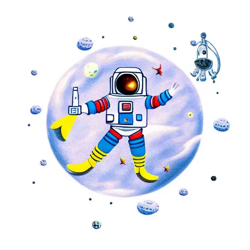an astronaut with arms and legs splayed who has just whose tether has just broken and is floating in space tattoo design idea