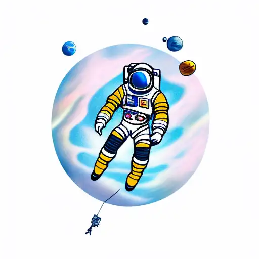 an astronaut with arms and legs splayed who has just whose tether has just broken and is floating in space tattoo design idea