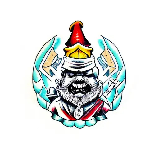 psychopathic garden gnome holding knife and gun tattoo design idea