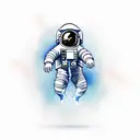 a detailed astronaut floating against a white background, arms and legs splayed with tether has just broken tattoo design idea