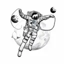 an astronaut floating against a white background, arms and legs splayed with tether has just broken tattoo design idea